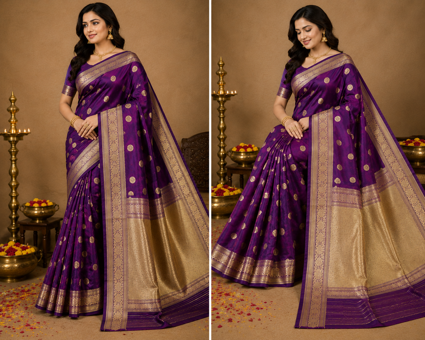 Royal Purple Pure Katan Silk Banarasi Zari Butti Woven Saree with Rich Gold Pallu