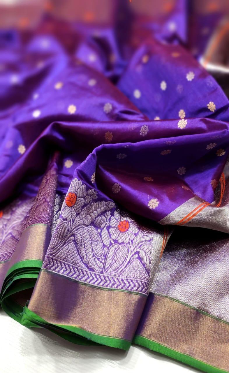 Chanderi Handloom Pattu Silk Saree – Ghani Butta, Meenakari Border & Taraz Pallu