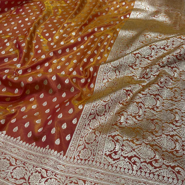 Satin Katan Silk Buti Orange Gold Saree