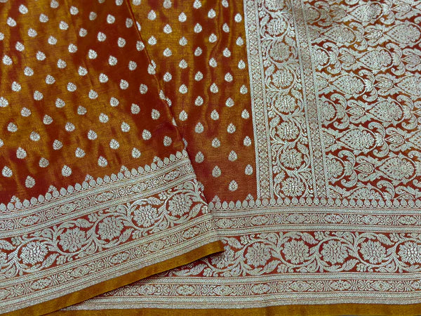 Satin Katan Silk Buti Orange Gold Saree