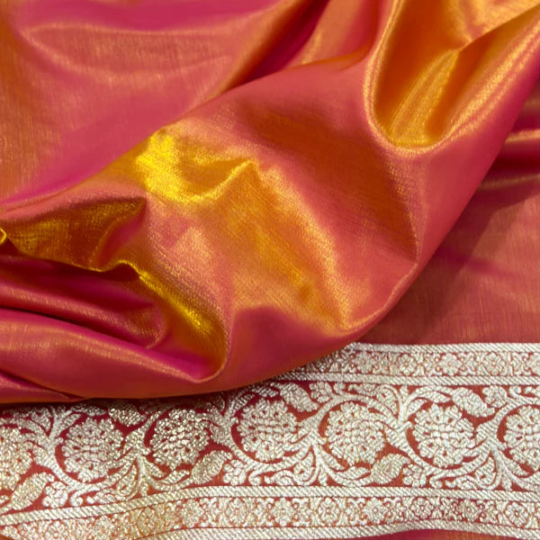 Satin Katan Silk Buti Orange Gold Saree