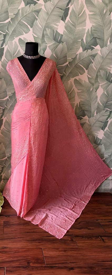 Premium pure chinnon/georgette pink saree with pearl sequins handwork
