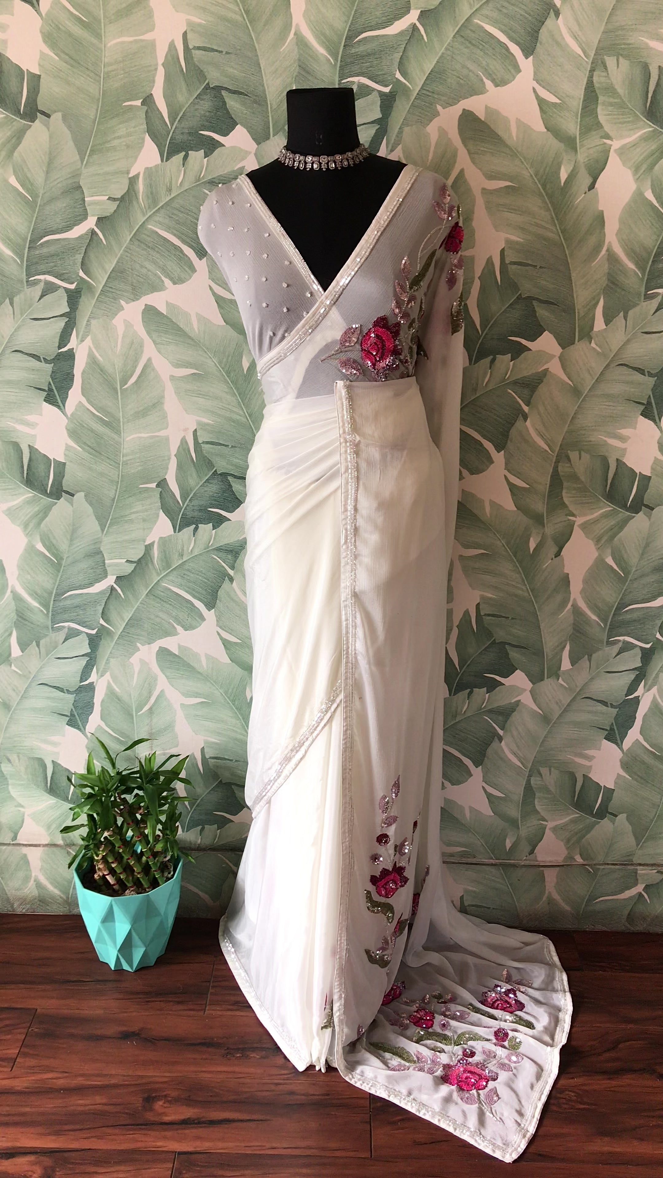 White Premium Chinnon Crepe Silk Saree with Multicoloured Floral Sequins & Cut-Dana Work