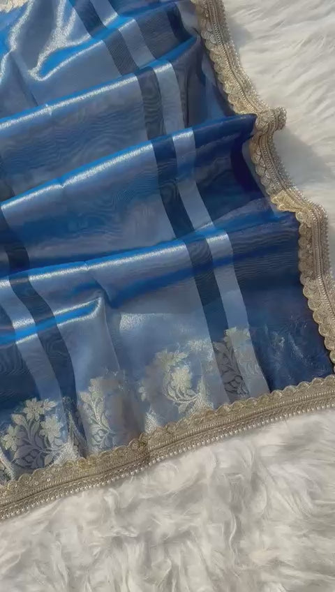 Beautiful Glass Tissue Silk Saree with Pearl Lace Work – Premium Quality Collection