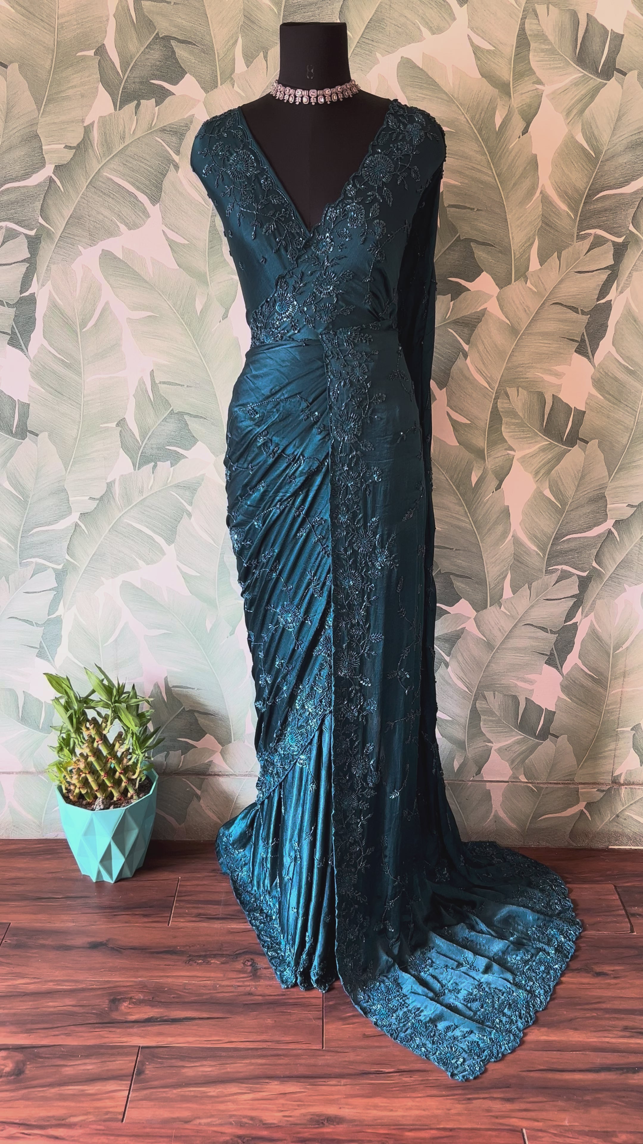 Premium Chinnon Satin Silk Saree with Self-Coloured Resham, Pearl & Cut-Dana Jaal Work