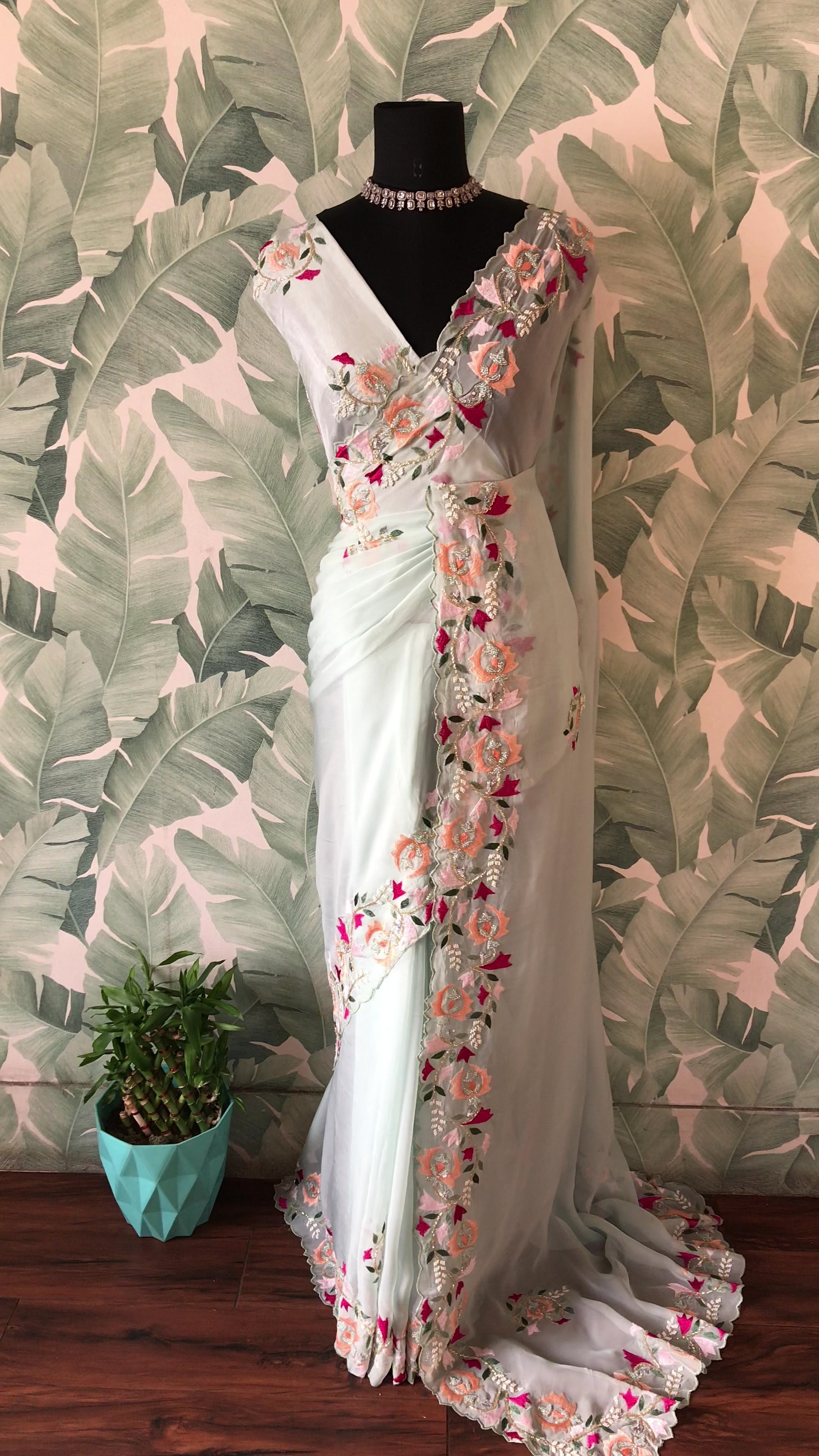 Luxury Organza Silk Saree with Pearl Sequins, Cut-Dana & Handcrafted Blouse Work