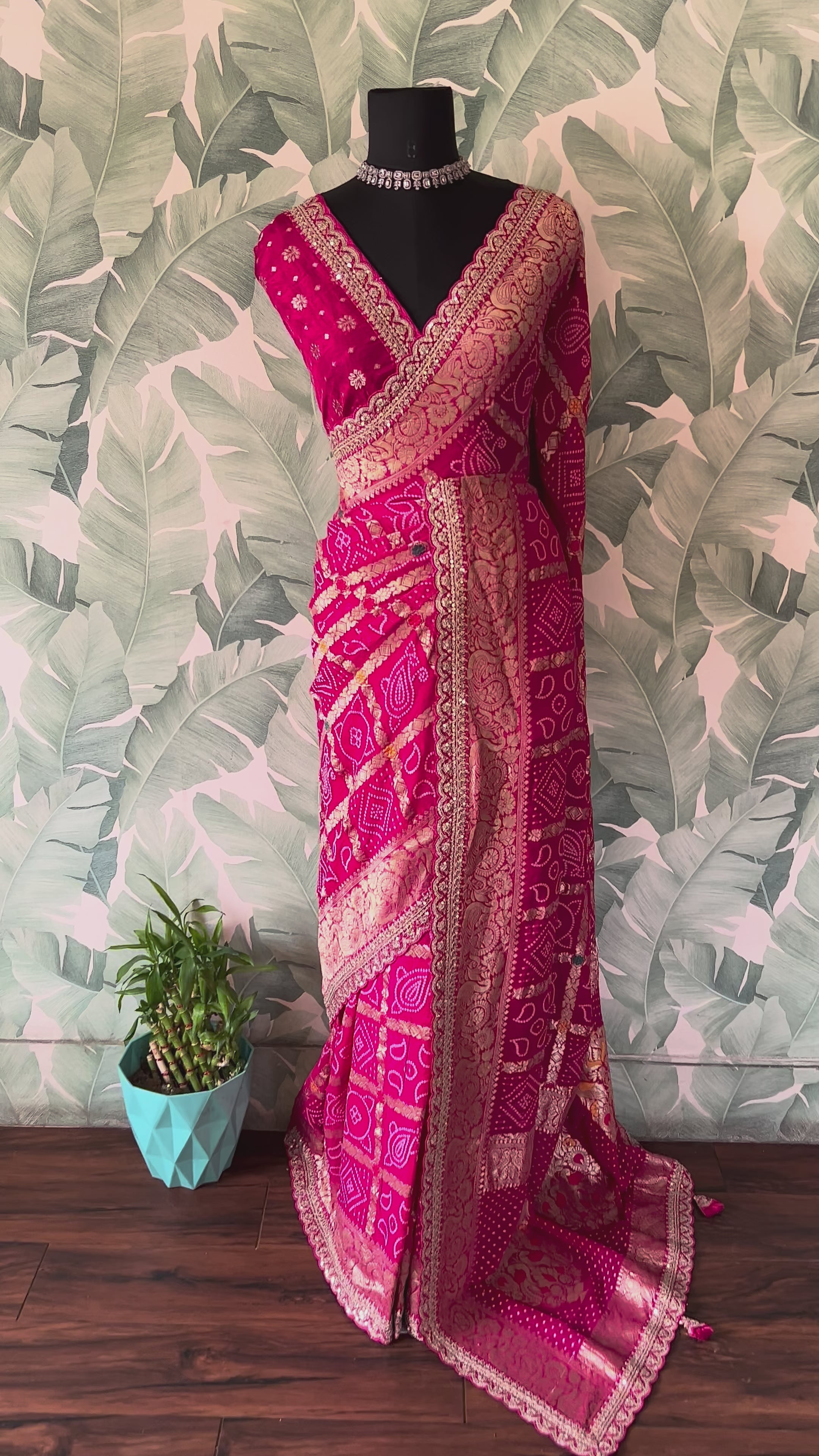 Rani Pink Premium Pure Banarasi Khaddi Georgette Silk Bandhani Saree