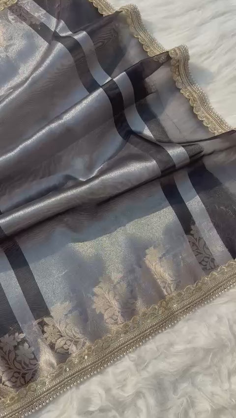 Beautiful Glass Tissue Silk Saree with Pearl Lace Work – Premium Quality Collection