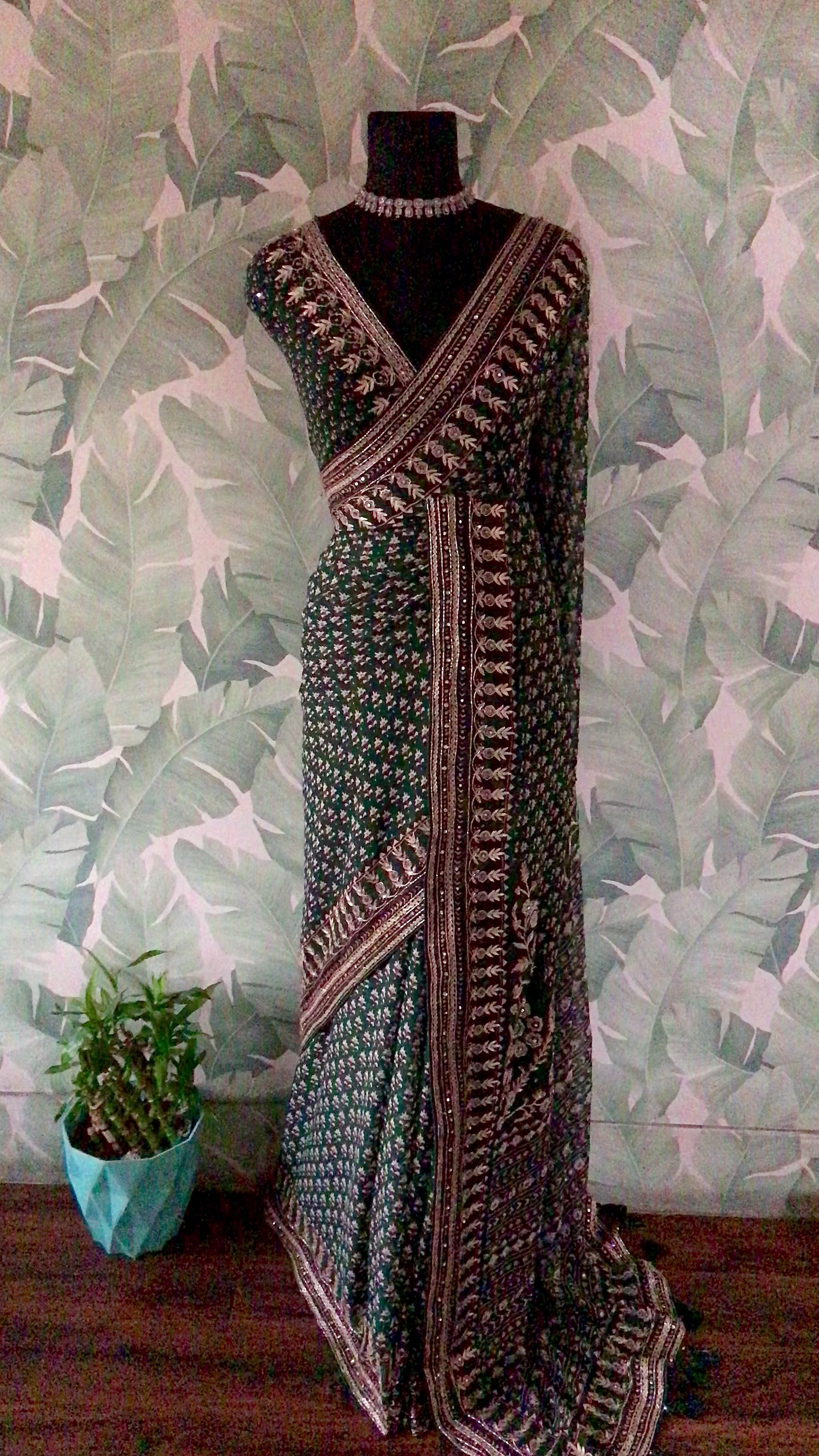 Kareena-Inspired Bottle Green Saree with Luxurious Hand Embellishments