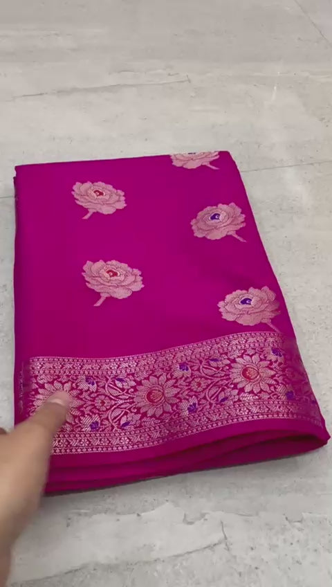 Banarasi premium katan soft silk rani pink sarees dybal