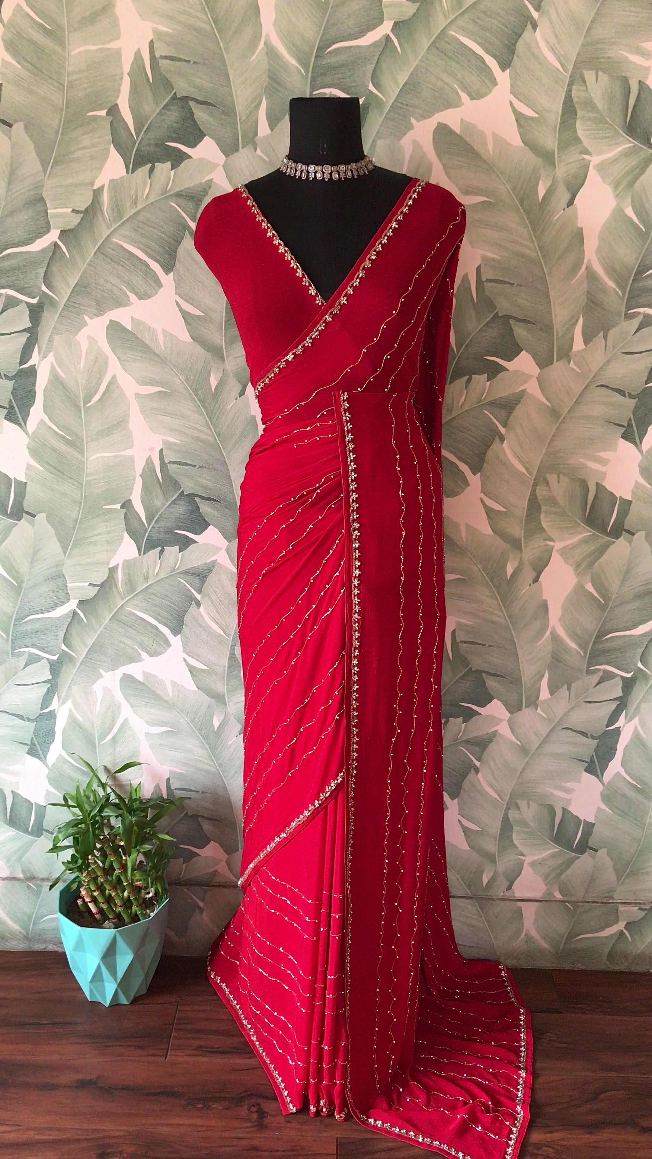 Gorgeous Red Premium Pure Chinnon Silk Saree with Stone Cut Daana & Running Handwork