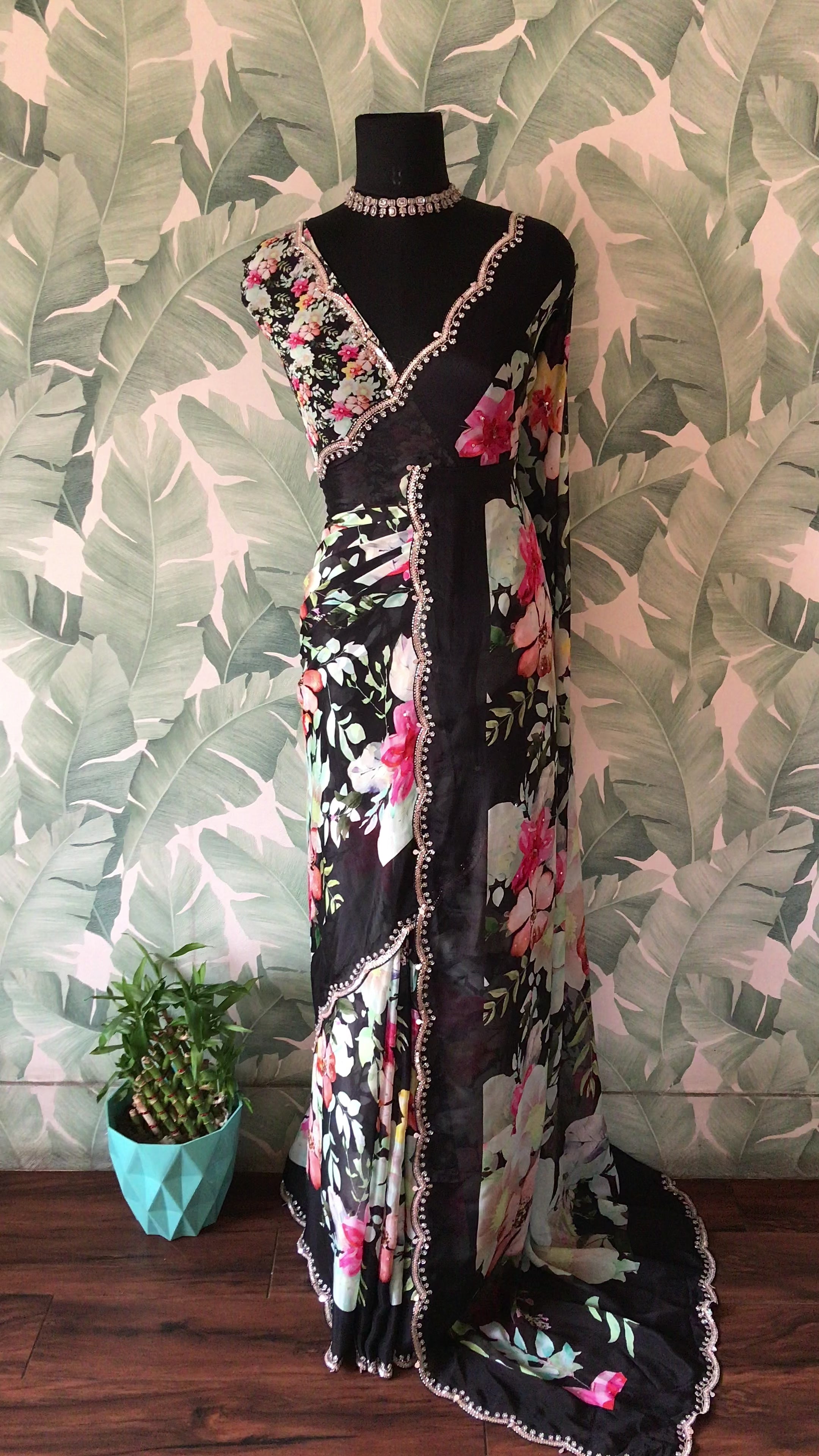 “Premium Chinnon Silk Saree with Oversized Floral Print & Pearl Cut-Dana Handwork”