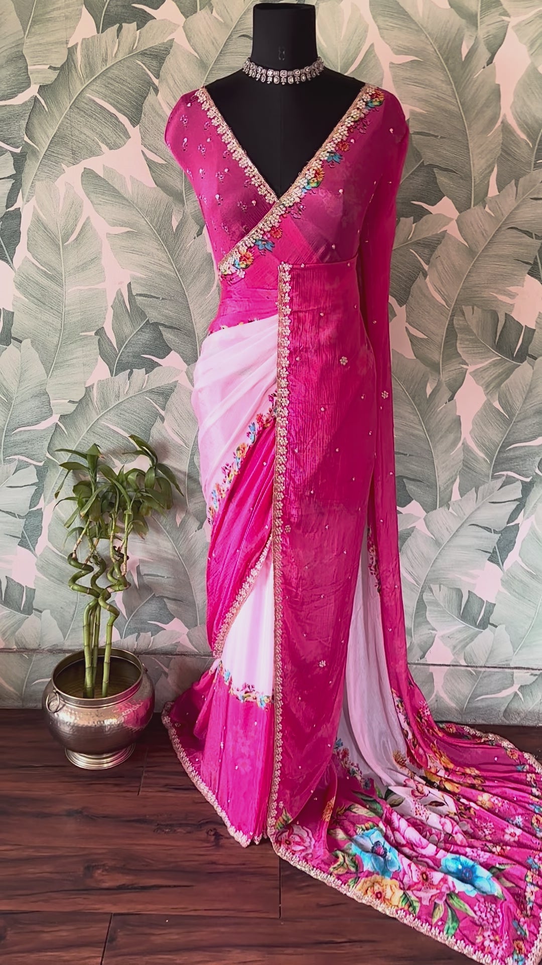 Pink Premium Pure Chinnon Crepe Silk Saree Embellished With Zardozi Pearl Cut Daana Handwork