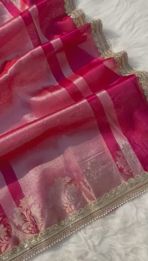 Beautiful Glass Tissue Silk Saree with Pearl Lace Work – Premium Quality Collection