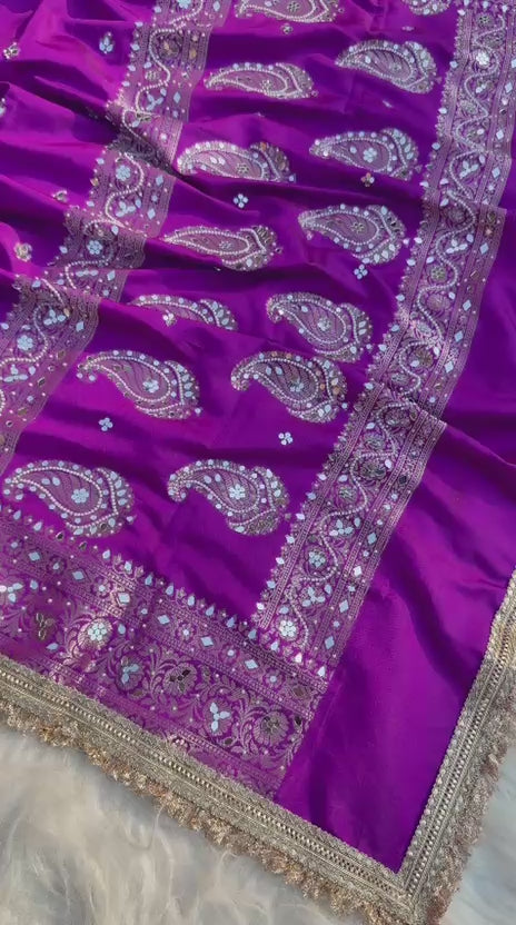 Beautiful Soft Katan Silk Woven Mirror Handwork Party Wear Saree with Designer Lace Border