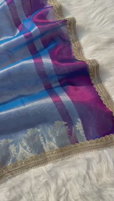 Beautiful Glass Tissue Silk Saree with Pearl Lace Work – Premium Quality Collection