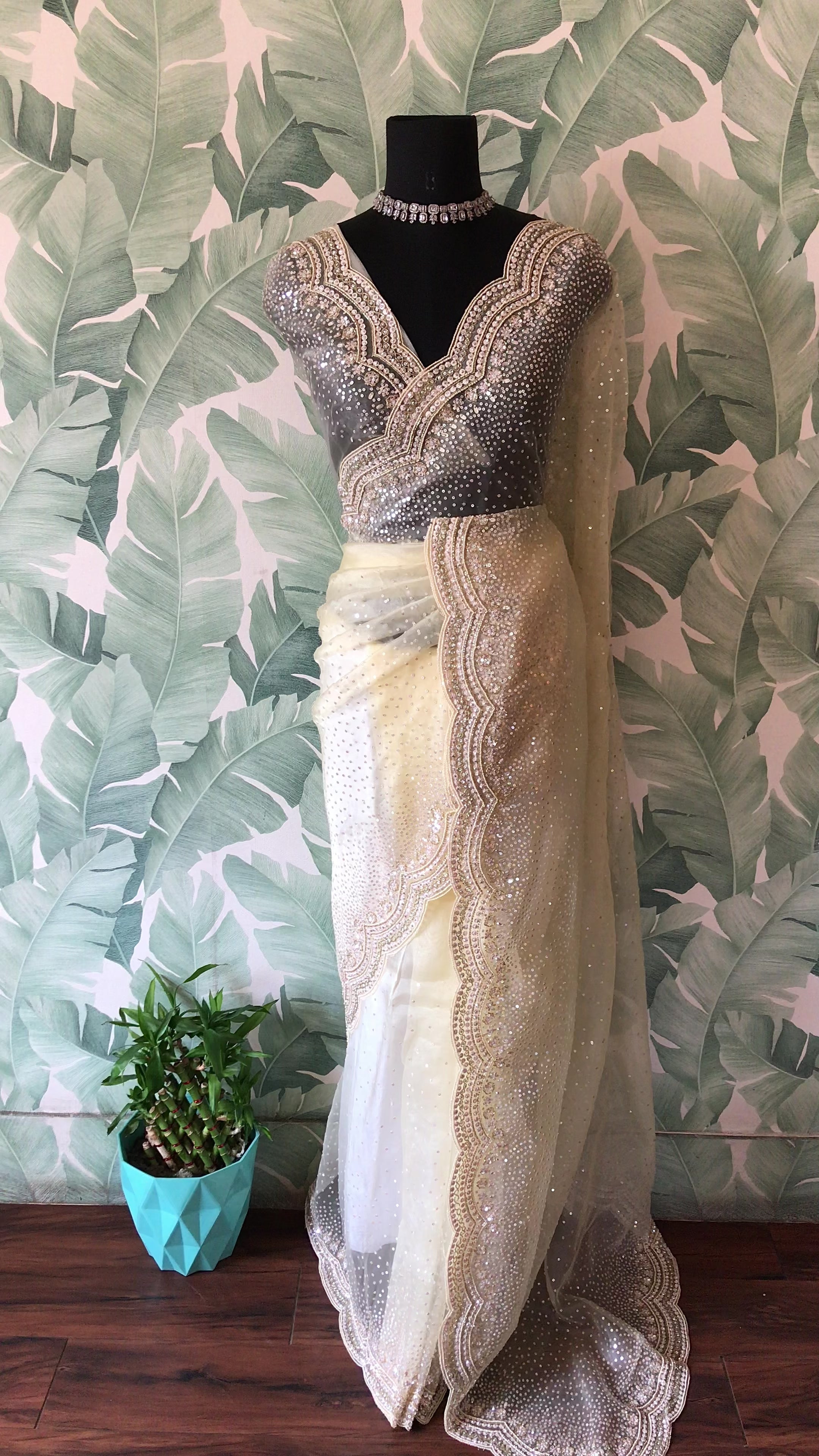 Premium Tissue Organza Silk Saree with Scalloped Pearl & Cut-Dana Handwork”