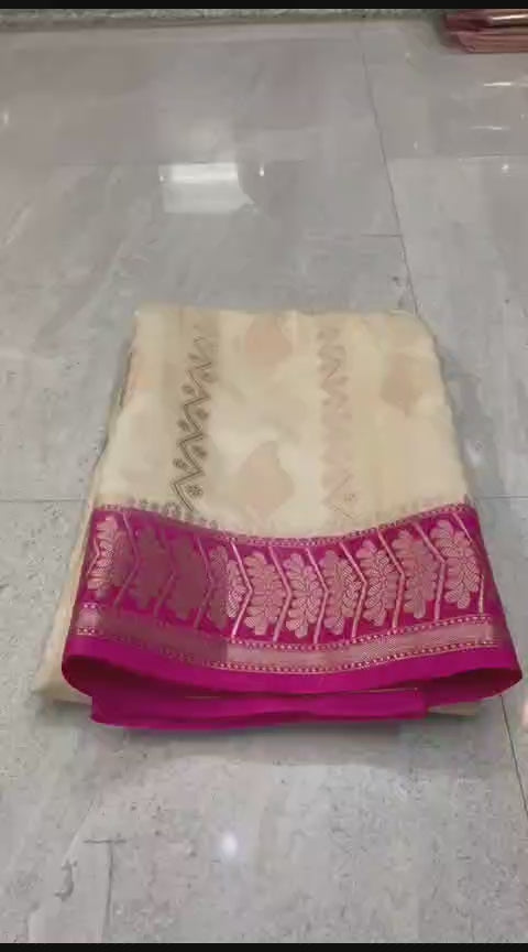 Banarasi Katan Dyeable Soft & Lightweight Silk Saree with Woven Buta, Stripe Design, Dual Zari Border, Designer Pallu & Blouse in Cream and Magenta