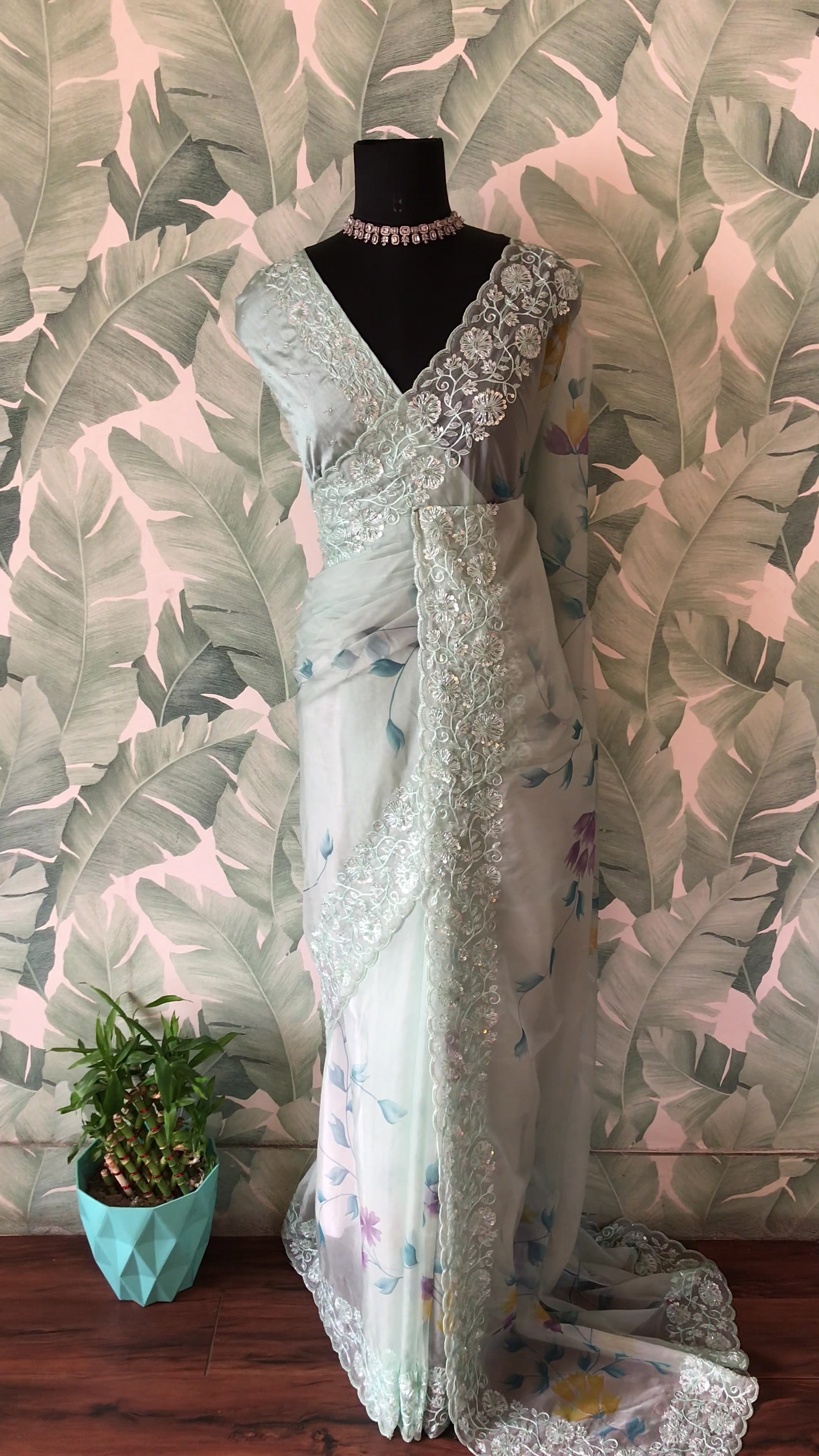 Premium Pure Organza Silk Handpainted & Handwork Saree