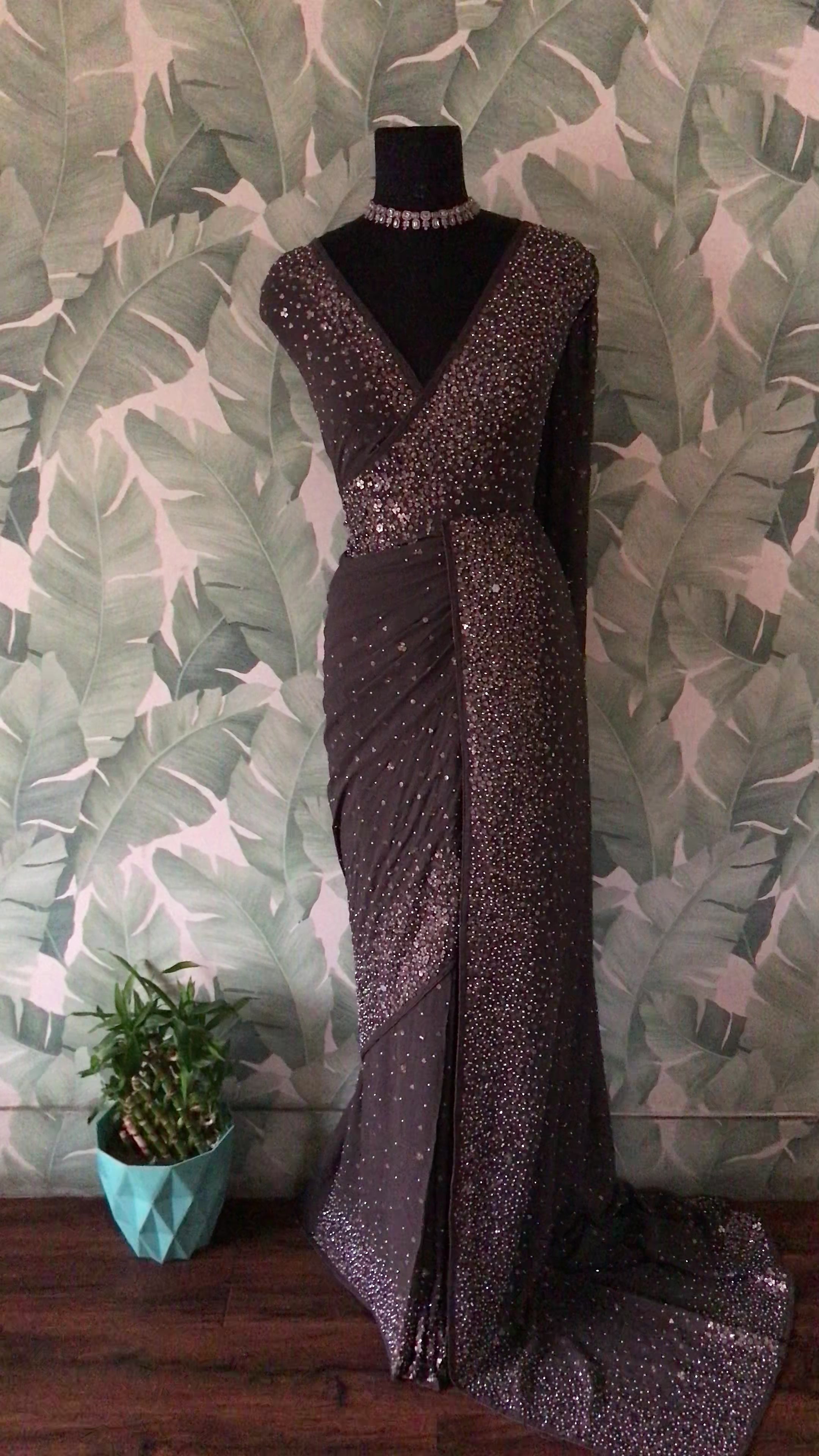 Premium Pure Chinnon Saree with Pearl Sequins & Running Handwork