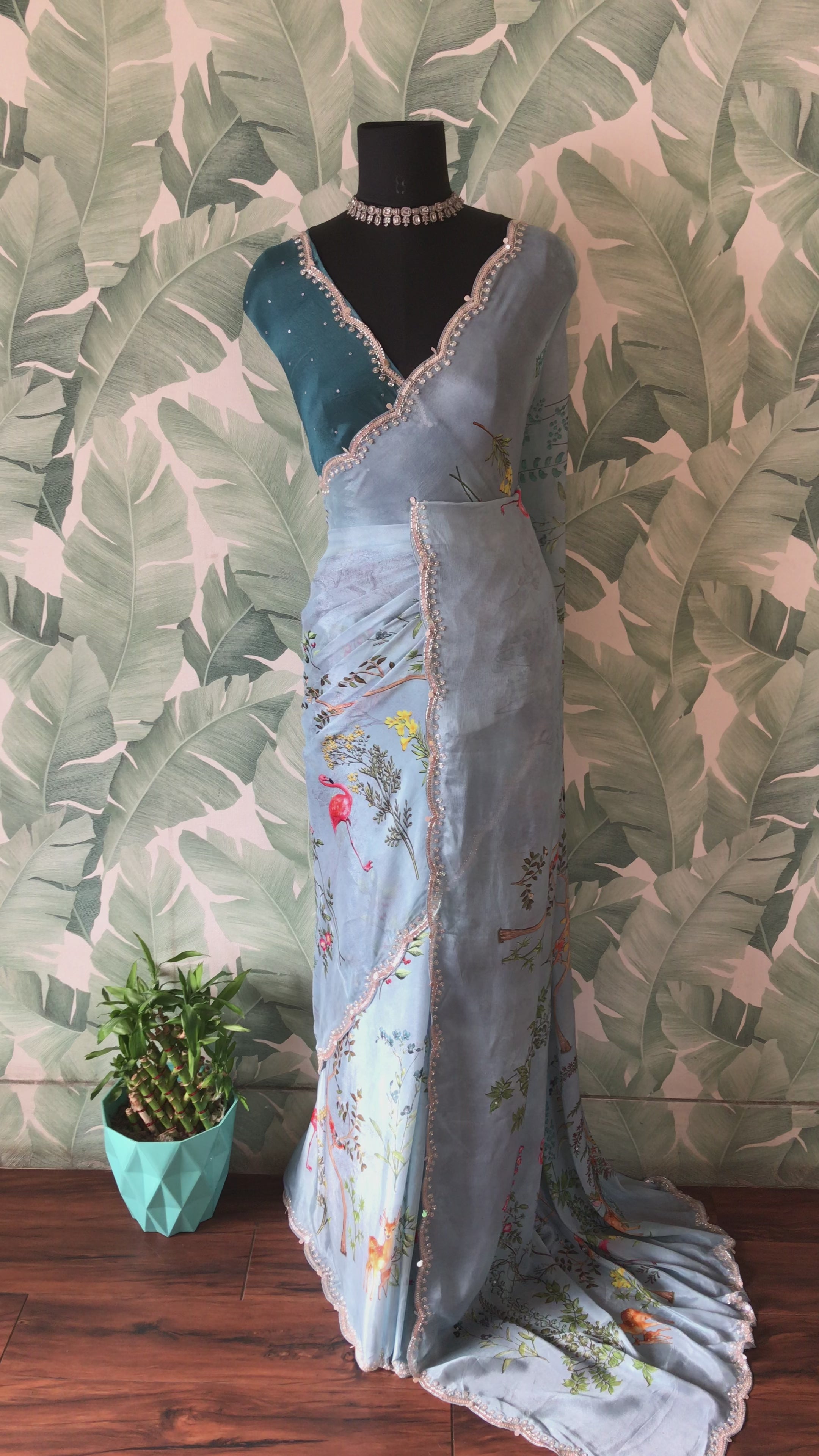 Premium Chinnon Silk Saree with Oversized Floral Print & Pearl Cut-Dana Handwork