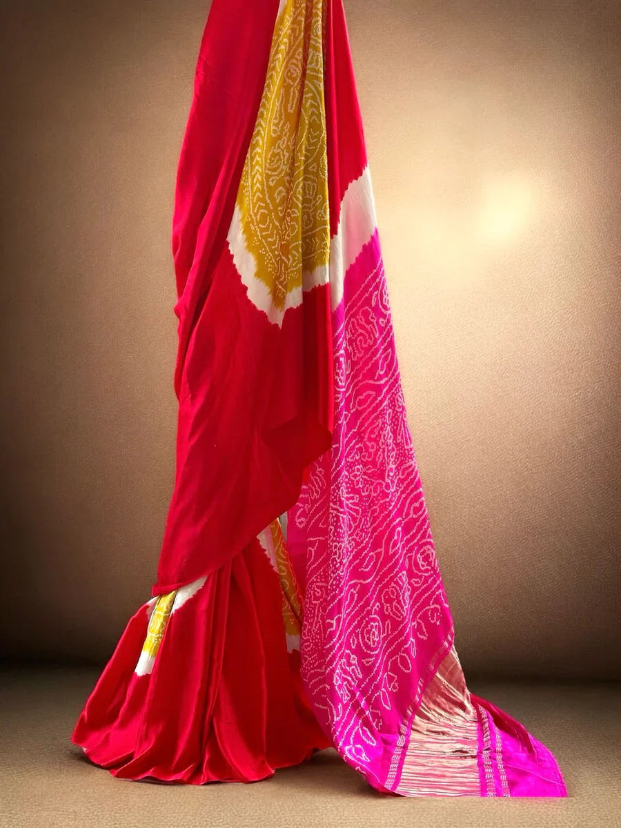 Rainbow Radiance – Multi-Hued Gajji Silk Bandhej Saree with Rasmandal Design