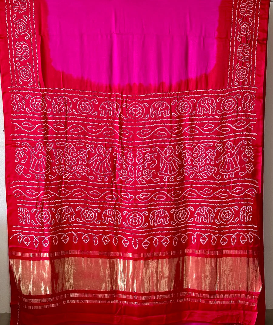 Fiery Elegance – Hot Pink & Red Gajji Silk Bandhej Saree (Rasmandal Edition)