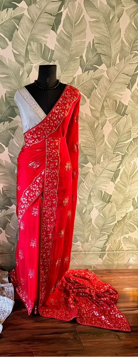 Premium Pure Chinnon Silk Red saree with rich banarasi zari weaving floral motifs embellished with stone cut daana handwork & contrast/running bp